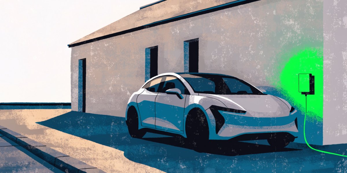 Illustration of an electric car charging from a wall-mounted home charger on a driveway