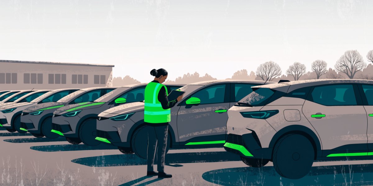 Rows of used cars lined up for sale at a remarketing centre, with a fleet manager in hi-vis checking a clipboard