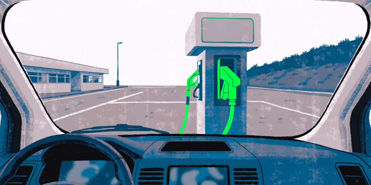Illustration of a fuel pump on a motorway services forecourt, seen through a van windscreen
