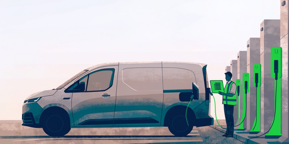 An electric van plugged into a depot charger while a technician reads a battery display on a tablet